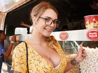 Sexy blonde Gabbie Carter flashes her juicy breasts outdoors in nice dress