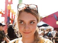 Sexy blonde Gabbie Carter flashes her juicy breasts outdoors in nice dress