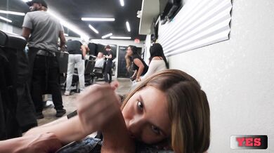 Cleaning lady takes care of horny man in barber